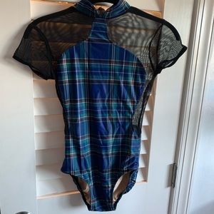 Ilogear plaid pattern black mesh leotard